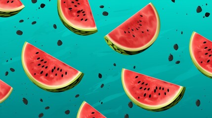 Watermelon Wallpaper. Close-up of fresh watermelon texture with dewdrops, highlighting vivid colors and natural patterns