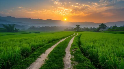 Obraz premium Serene Sunrise Over Rice Fields Winding Path Through Green Terraces and Distant Mountains