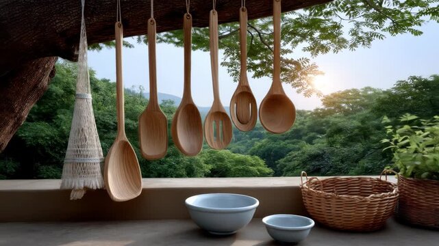 Wooden spoons and bowls hanging from a tree, with a view of a lush forest