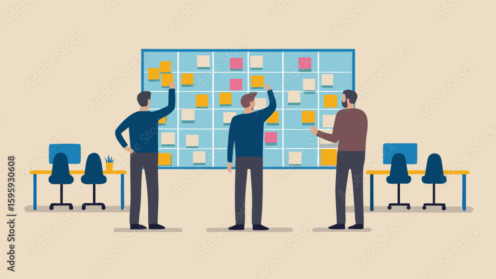 Poster three people standing in front of a board with sticky notes in an office environment setting inside
