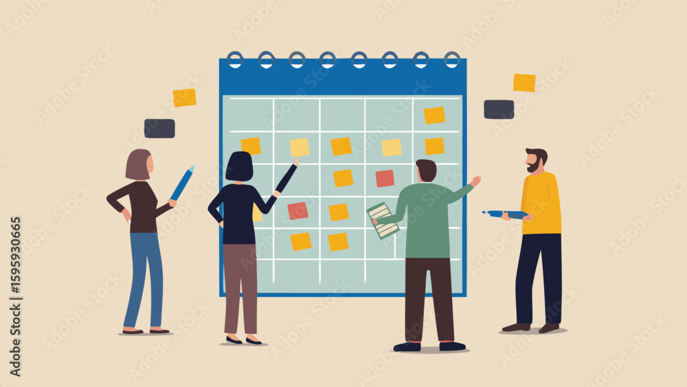 Poster people collaborating on a calendar with sticky notes to plan and organize tasks and appointments eff
