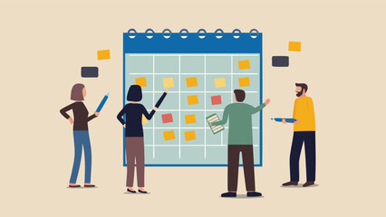 People collaborating on a calendar with sticky notes to plan and organize tasks and appointments effectively