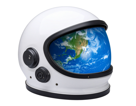 Astronaut Helmet with Visor Reflection of Earth Image, Indoor Display, Angled Side View, Transparent PNG