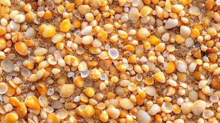 Close-up view of small seashells and sand on a beach.