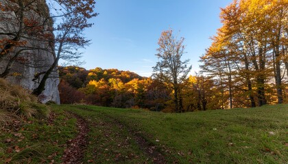 Naklejka premium Autumn forest landscape with rocky outcrop and vibrant fall foliage