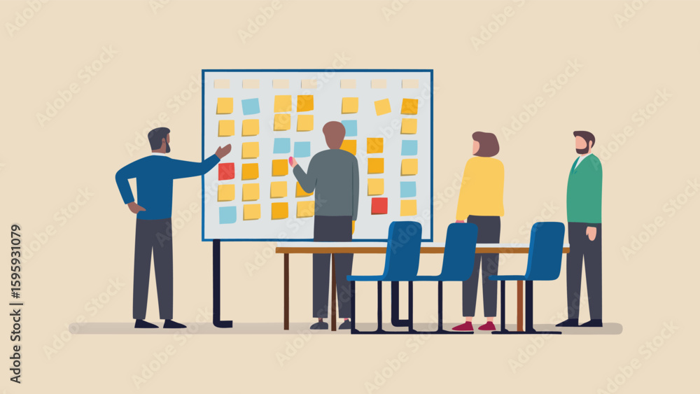 Poster team collaboration on a project with sticky notes on a whiteboard in a meeting room setting depicted