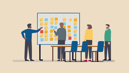 Obraz premium Team collaboration on a project with sticky notes on a whiteboard in a meeting room setting depicted