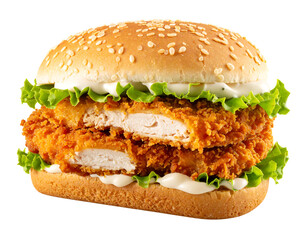 A delicious, close-up image of a double-decker fried chicken sandwich isolated on transparent background. Crispy fried chicken clipart.