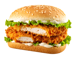 A delicious, close-up image of a double-decker fried chicken sandwich isolated on transparent background. Crispy fried chicken clipart.