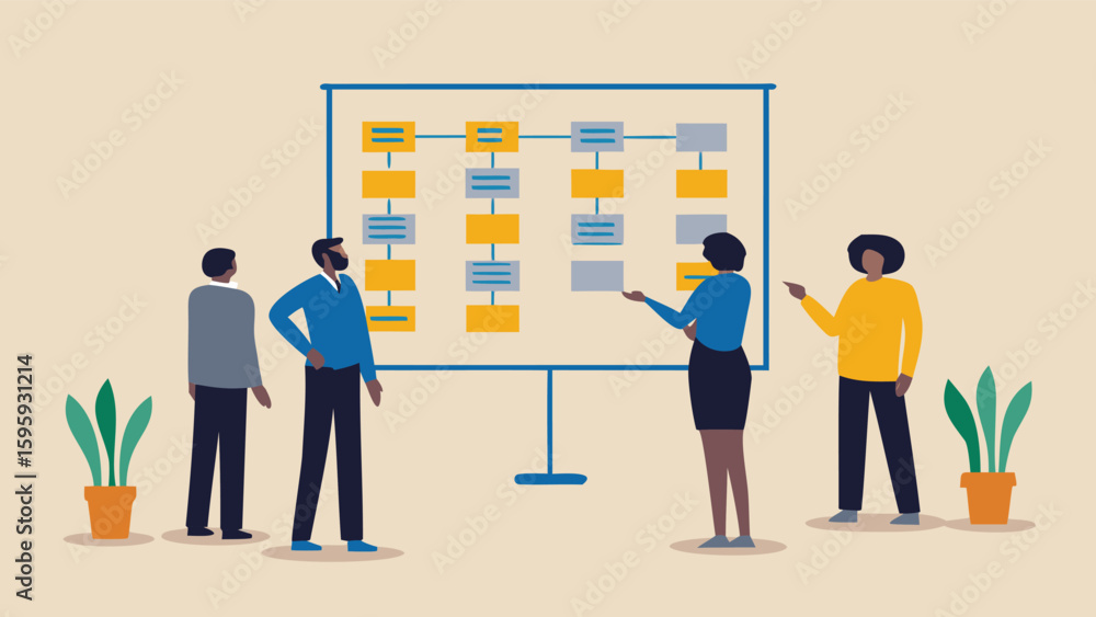 Poster people discussing a flowchart on a whiteboard with yellow and gray boxes and blue lines shown on it