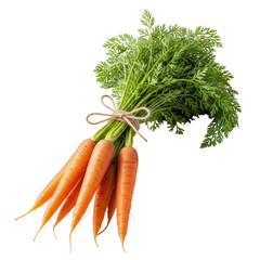 A vibrant bundle of fresh, organic orange carrots with lush green tops, tied with natural twine, perfect for healthy recipes and farm fresh concepts.
