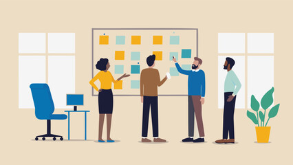 Team brainstorming ideas on a whiteboard with sticky notes in a modern office setting indoors