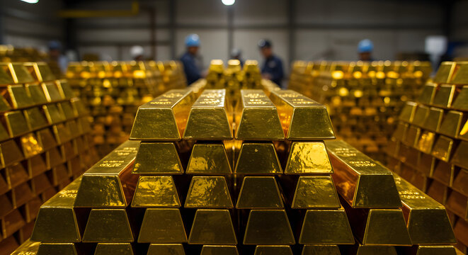 Stacked gold bars in a vault represent wealth and security