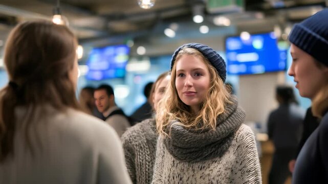 Young adults engaged in lively conversation at an urban cafe during a winter evening gathering