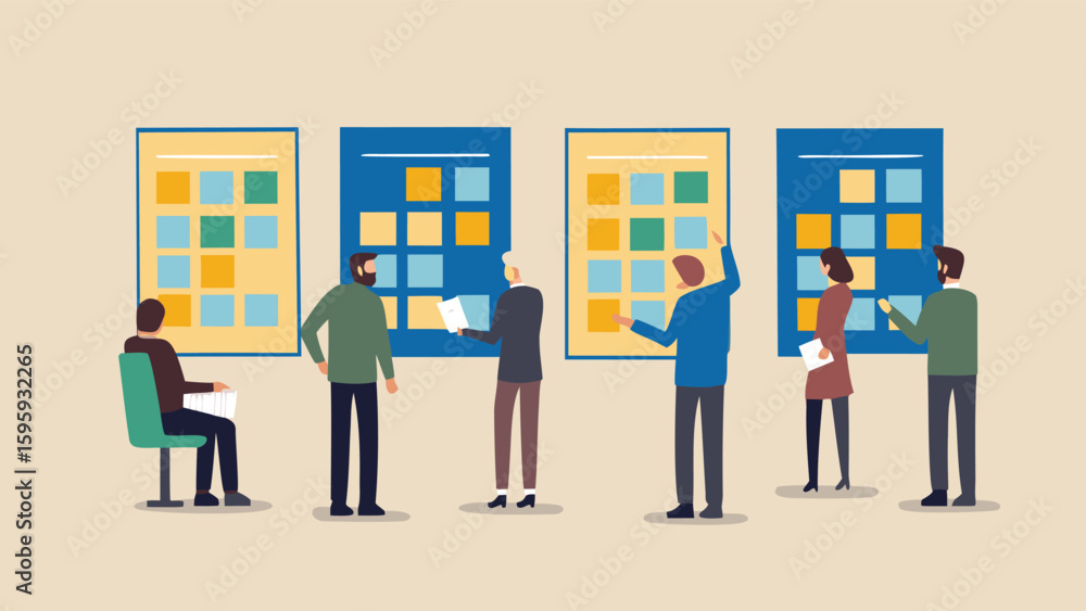Aufkleber people standing and looking at boards with colored squares in a business presentation setting scene 