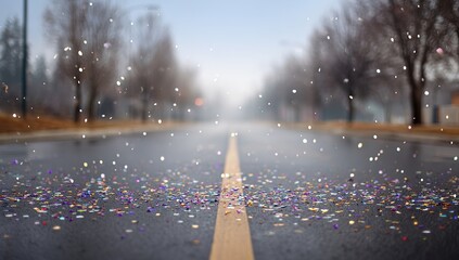 Confetti falling on the asphalt in front of an empty street, with a blurred background.