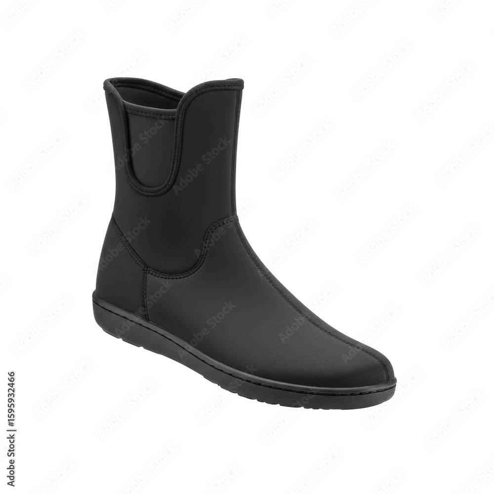 Poster a single ankle-height neoprene bootie with smooth texture and defined seams, presented in a precise 