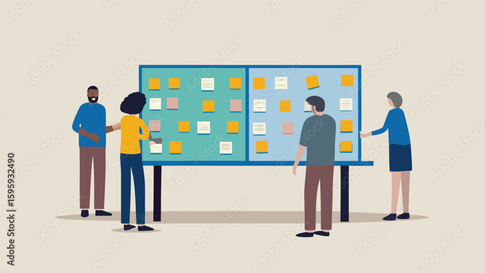 Aufkleber people collaborating around a board with sticky notes in a planning or brainstorming session scenari