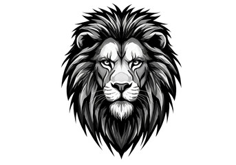 Obraz premium A monochrome illustration of a lion's face with a detailed mane on a black background centered created with generated ai