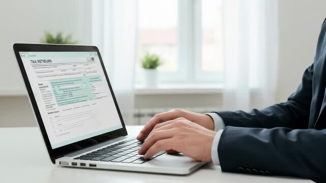 Businessman Filing Taxes Online - A businessman sits at a desk, using his laptop to file his tax return online.