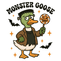 Naklejka premium Monster Goose Shirt, Halloween Spooky Goose T-shirt Vector, Retro Scary Goose Illustration, Silly Goose Halloween Clipart, Funny Animal Season Design 