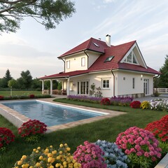a house with a pool in a flowers garden,  house