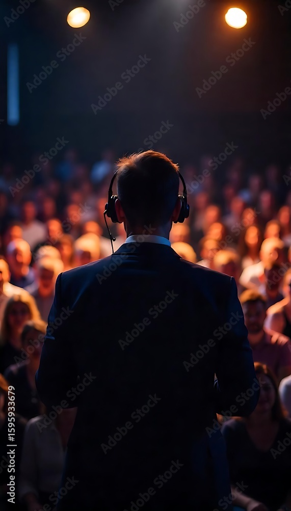 Poster generative ai visualizing a speaker in a vast audience bathed in warm light ready to present a