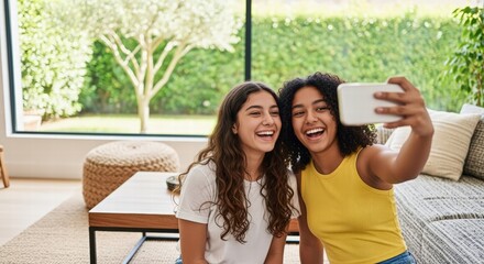 Two smiling teenage girls taking a selfie in a bright, modern living room.