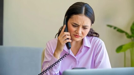 A frustrated businesswoman multitasks, talking on the phone while looking at her mobile with a concerned expression - Powered by Adobe