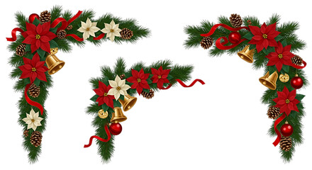Festive christmas corner garlands with poinsettias bells and pinecones isolated on transparent background