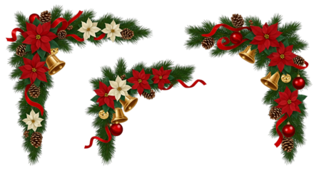 Festive christmas corner garlands with poinsettias bells and pinecones isolated on transparent background