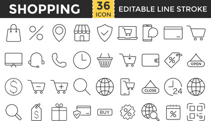shopping line icon set. shopping cart, testimonials, shipping and delivery, fashion and more. delivery, support, payment card icons. Online shopping thin line icons. E-commerce symbols collection. Gif