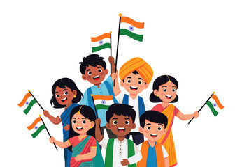 Happy Indian Kids Celebrating Independence Day or Republic Day with National Flags Illustration Isolated on Transparent Background