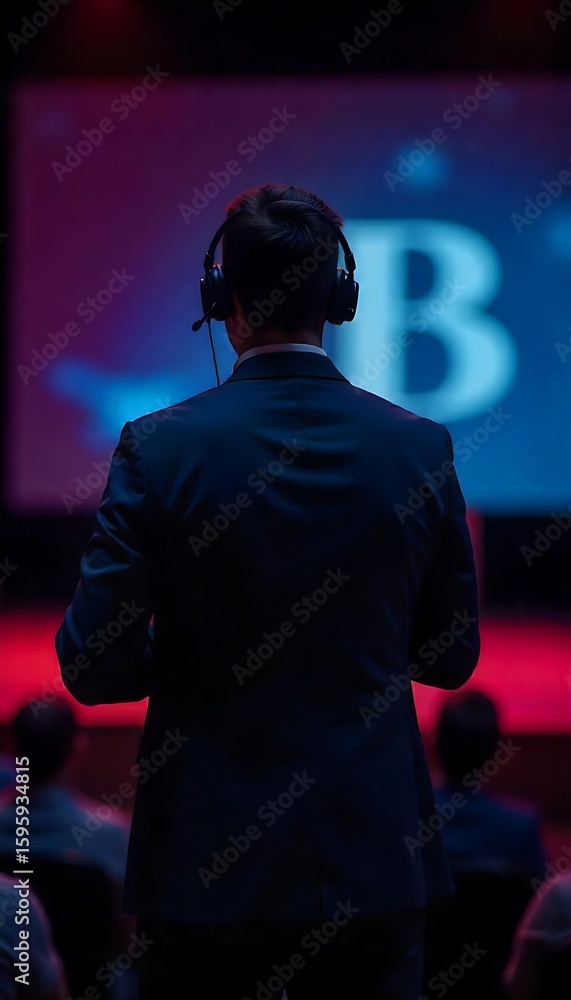Poster generative ai analyst presenting data at conference with headset viewed from behind