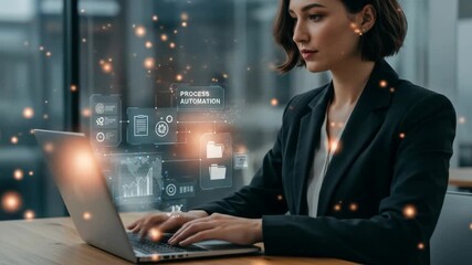 Businesswoman using laptop with process automation interface - A focused businesswoman sits at a desk, working on her laptop. - Powered by Adobe