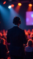 Generative AI Event speaker ready to speak to the audience at a business conference under the