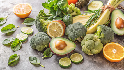 Fresh Green Power &ndash; Healthy Organic Vegetables and Fruits on Rustic Wooden Plate. A vibrant assortment of fresh green vegetables and fruits including broccoli, avocado, asparagus, lime, and leafy gree