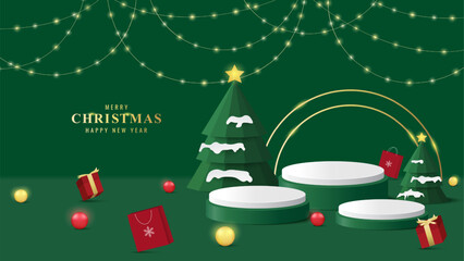 Merry christmas background. Podium Christmas. Green podium for product display presentation with christmas tree, ball, star, gift box and ornament on the stage. Stand product showcase on green backgro