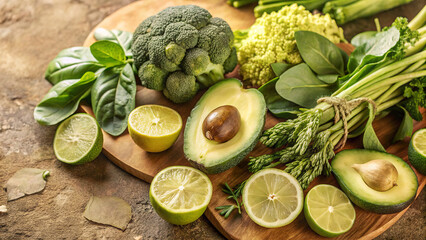Fresh Green Power &ndash; Healthy Organic Vegetables and Fruits on Rustic Wooden Plate. A vibrant assortment of fresh green vegetables and fruits including broccoli, avocado, asparagus, lime, and leafy gree