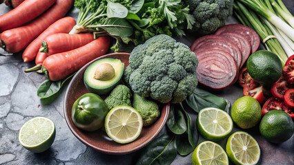 Fresh Green Power &ndash; Healthy Organic Vegetables and Fruits on Rustic Wooden Plate. A vibrant assortment of fresh green vegetables and fruits including broccoli, avocado, asparagus, lime, and leafy gree