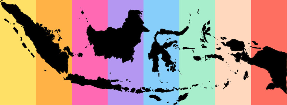 Black silhouette map of Indonesia with Vibrant rainbow backdrop, highlighting its landmass. Suitable for geographic and design concepts.


