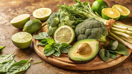 Fresh Green Power &ndash; Healthy Organic Vegetables and Fruits on Rustic Wooden Plate. A vibrant assortment of fresh green vegetables and fruits including broccoli, avocado, asparagus, lime, and leafy gree