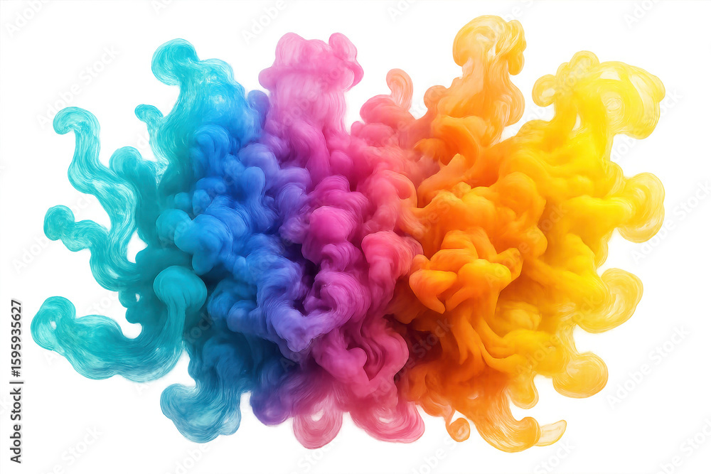 Poster brightly colored ink cloud swirling in water, creating a vibrant and dynamic abstract visual with tr
