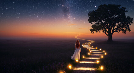 A woman in a white dress walks a lit path through a field at night under a starry sky, towards a large tree.