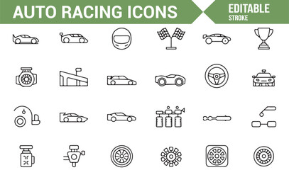 Motor Racing Line Icons - Car, Track, and Gear Symbols for Design