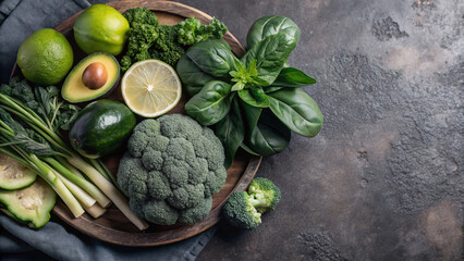 Fresh Green Power &ndash; Healthy Organic Vegetables and Fruits on Rustic Wooden Plate. A vibrant assortment of fresh green vegetables and fruits including broccoli, avocado, asparagus, lime, and leafy gree