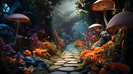 Stone Path Through Enchanted Forest with Giant Mushrooms, Vibrant Flowers, and Magical Atmosphere