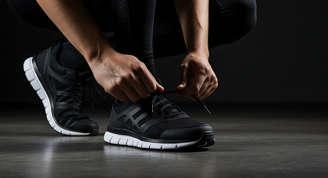 Tying shoelaces close up of athlete getting ready for workout