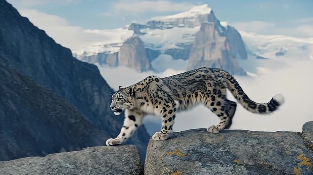 A snow leopard gracefully navigates a rocky cliff ledge in a stunning high-altitude mountain range. The majestic thick of cat spotted fur blends with its icy surroundings