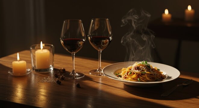Romantic dinner scene with two glasses of red wine, a plate of pasta, and candles illuminating a wooden table in a dimly lit setting.